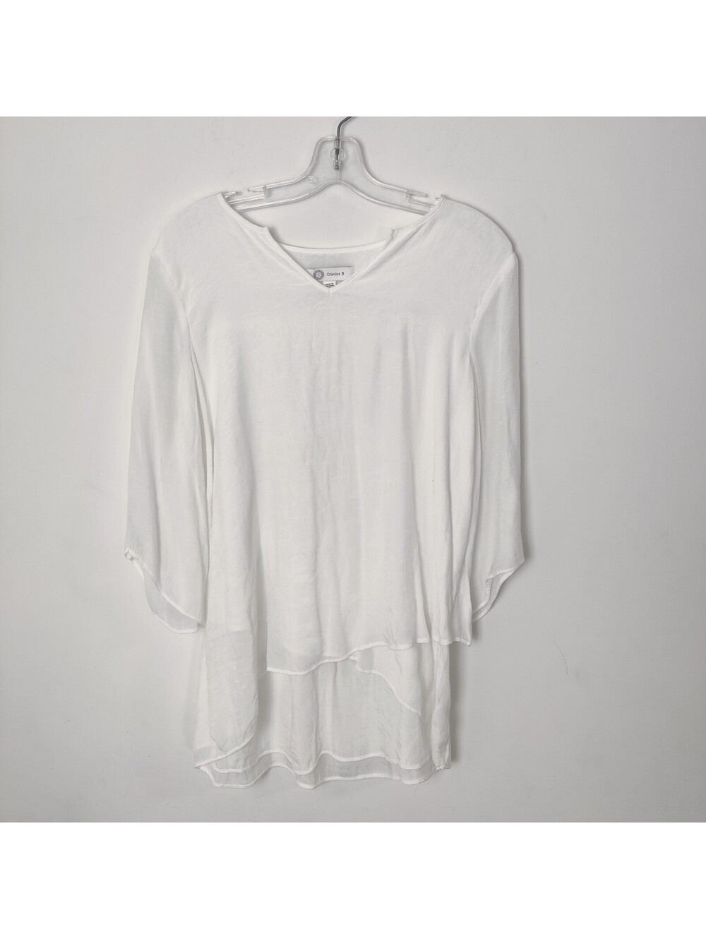 Cristina B White Double Layer Sheer Chiffon High Low Tunic Blouse Large Large